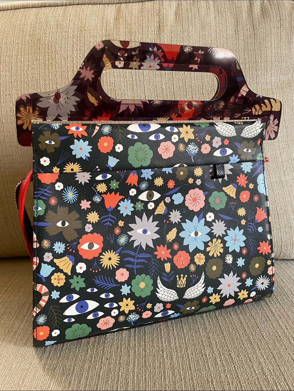 Min & Mon Vali Black Leather Floral & Eye-Print Satchel with Acrylic Handle